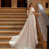 PERFECT V-neck A-Line Romantic Wedding Dress For Woman Lace Tulle Illusion Short Sleeves with Sweep Train Backless Bridal Gowns